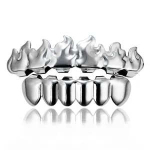Hip-hop silver plated teeth grillz set with unique flame design on white background