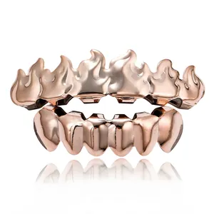 Stylish rose gold flame design hip hop grillz set for top and bottom teeth decoration