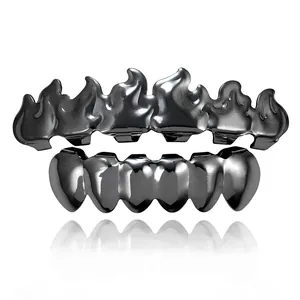Hip hop teeth grillz set featuring unique flame design in premium gunmetal black finish