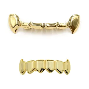 Hip Hop Vampire Fangs Grillz For Men Women Electroplated Alloy Rhinestone Teeth Decor Halloween Party Punk Upper Lower Set
