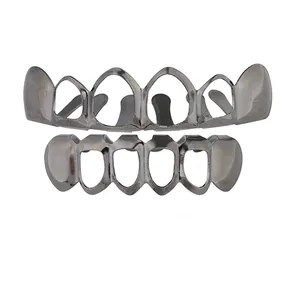 Ensemble de grillz hip hop plaqué gun-metal pour dents supérieures et inférieures, noir