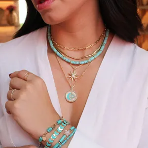 Bohemian layered necklace set featuring turquoise beads and celestial gold pendants