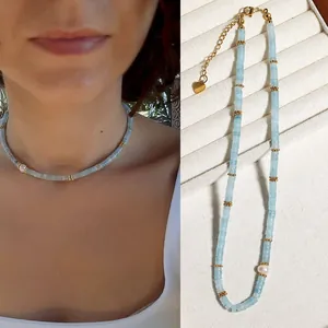 Natural Stone Aquamarine Look Beaded Necklace With Freshwater Pearl 18K Gold Plated Titanium Steel Adjustable Choker For Women
