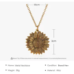 Detailed specifications and dimensions of vintage alloy sunflower pendant necklace