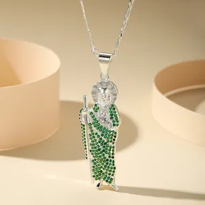 Exquisite religious St. Jude pendant necklace with micro-paved green zirconia stones on chain