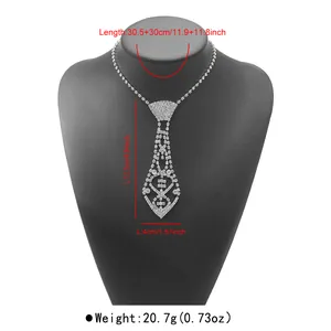 Elegant silver-tone rhinestone necktie necklace shown on mannequin with size measurements