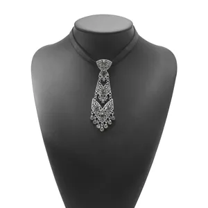 Elegant vintage tie-shaped choker necklace with intricate silver-tone detailing for women