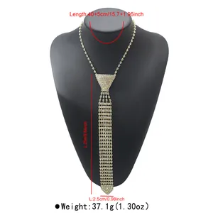 Fashion rhinestone necktie necklace with length and weight measurement details displayed