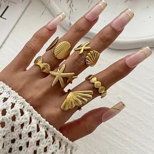 Vintage Ocean Theme Metal Rings For Women Gold Silver Starfish Shell Imitation Artificial Pearl Adjustable Open Finger Rings Boho Resort Jewelry
