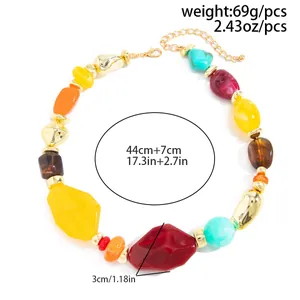 Detailed view of colorful irregular resin bead necklace with dimensions and weight info