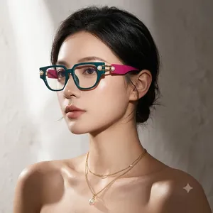 Montura de Gafas de Ojo de Gato Vintage para Mujer Anti Luz Azul Elegante Perla Artificial PC Cuadrada Gafas Decorativas