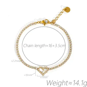 Détails des dimensions et du poids du bracelet de tennis coeur doré orné de cristaux