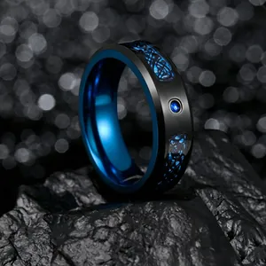 Men's Vintage Tungsten Carbide Celtic Dragon Pattern Ring With Blue Rhinestone Inlay Retro Black Blue Band Ring For Men