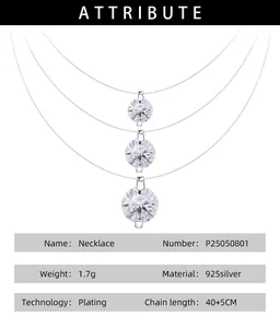 Detail van 925 sterling zilveren onzichtbare ketting met een enkele zirkonia hanger ontwerp.