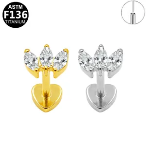 Detailed view of ASTM F136 titanium labret with marquise stone fan design