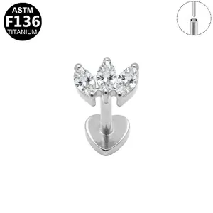 ASTM F136 titanium labret stud with marquise flower design and threadless insert mechanism