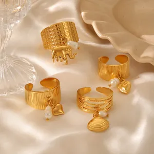 Vintage Stainless Steel Open Ring For Women Gold Plated With Faux Pearl Heart Elephant Shell Charm Adjustable Niche Design Fashion Jewelry Finger Ring