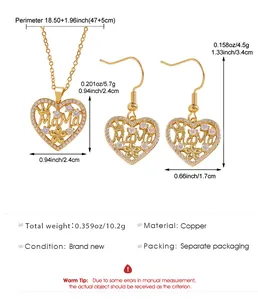 Detailed size chart for gold heart MaMa necklace and earrings jewelry set in copper