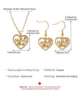 Gold-plated MAMA heart necklace and earrings jewelry set with detailed dimensions