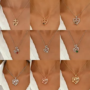 Selection of nine stainless steel heart necklaces with 'Mom' engraving and gems