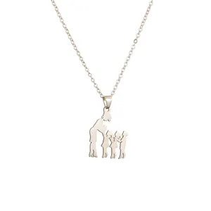 Close-up of stainless steel Mother's Day necklace featuring a family silhouette pendant.