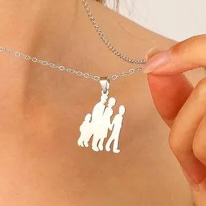 Close-up view of a stainless steel family silhouette pendant necklace for Mother's Day gift