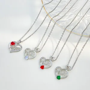 Detailed macro view of four heart-shaped Mom necklaces with colorful gemstones