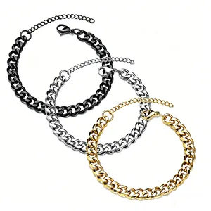 Set of hip hop Cuban link necklaces in gold, silver, and black stainless steel finish