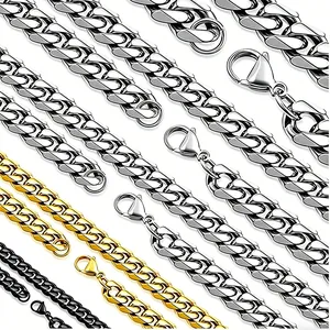 High-quality detail of silver, gold, and black stainless steel Cuban link chains for hip hop style.