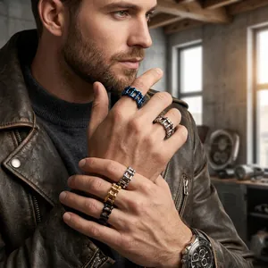 Detail of men's titanium steel bicycle chain rings worn on hand in industrial setting