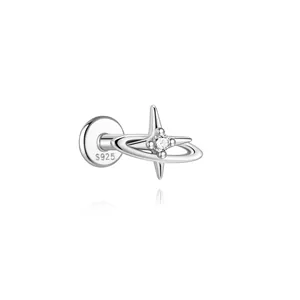 Macro view of S925 sterling silver star and planet stud earring with a sparkling zircon