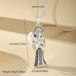 Detail view of Grim Reaper pendant necklace with measurements and black AAA+ zircon stones.