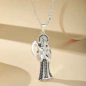 Detailed view of silver grim reaper scythe pendant necklace with black zircon stones