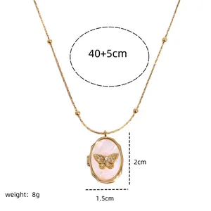 Collier médaillon papillon en nacre plaqué or vintage avec chaîne