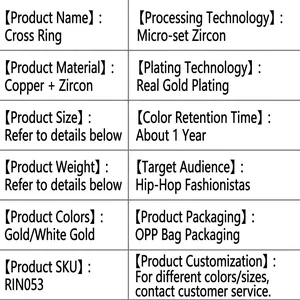 Tabla detallada de especificaciones del producto para el anillo de cruz hip-hop y materiales