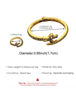 Detailed measurements and specs for the gold-colored adjustable bracelet and ring jewelry set.