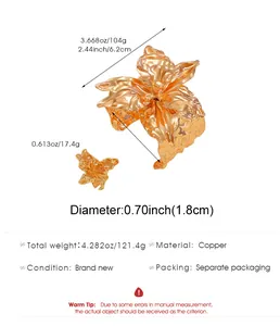Detailed view of textured gold flower cuff and ring set with measurements and weights