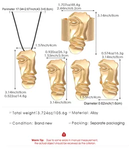 Detailed measurements of abstract face gold jewelry set including necklace and rings