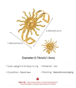 Detailed dimensions and specifications of the golden sun-shaped bracelet and ring set