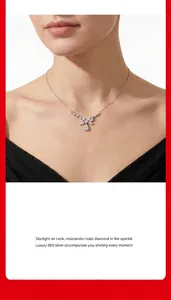 Elegant moissanite necklace in 925 silver worn by a model, luxury leaf pendant detail