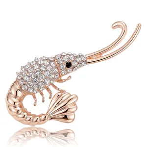 Broche en Alliage de Forme Crevette Homard Créative Vintage pour Femme Plaqué Or Rose Incrusté de Strass Épingle de Revers de Costume Animal Bijoux