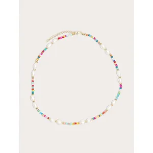 Bohemian dopamine rainbow beaded choker with irregular freshwater pearls and gold-tone chain