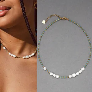 Bohemian rainbow seed bead necklace with irregular freshwater pearls in gold finish
