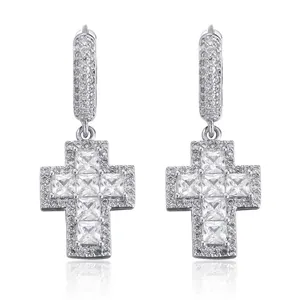 Boucles d'oreilles Croix Hiphop en Cuivre avec Micro-pavé de Zircone Finition Plaquée Or 14 Carats et Argent Homme Femme