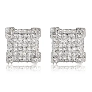 Boucles d'oreilles hip hop carrées pour hommes avec zircons cubiques clairs en argent
