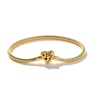 Elegante pulsera de cadena de serpiente dorada con cierre de corazón y árbol de vida.