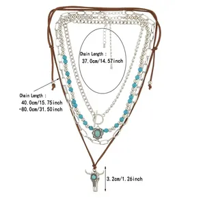 Detailed view of Western style layered necklace with bull head pendant and measurements