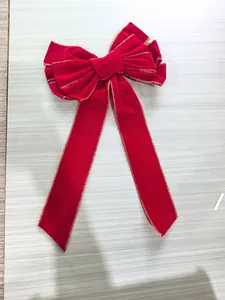 Grand nœud de Noël en velours rouge avec bordures dorées pour sapin