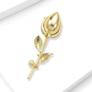 Detail view of a gold-plated tulip brooch with sparkling zircon pavé and pearl accent.