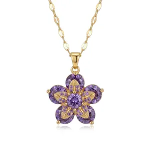 Elegante vergoldete Blumenhalskette mit lila Zirkonia-Anhänger für Damen, modischer Halsschmuck